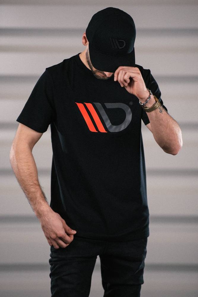 Black T-shirt with red logo
